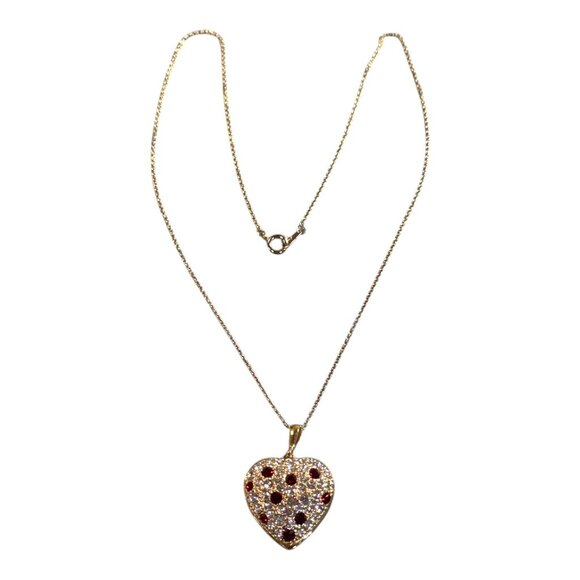 Vintage Gold Heart Locket Necklace With Ruby Red and Clear Rhinestones Stones - Picture 10 of 10